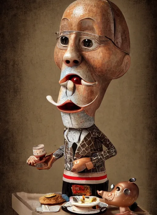 Image similar to closeup face profile portrait of a tin toy albert fish eating cakes, depth of field, zeiss lens, detailed, symmetrical, centered, fashion photoshoot, by nicoletta ceccoli, mark ryden, lostfish, breathtaking, 8 k resolution, extremely detailed, beautiful, establishing shot, artistic, hyperrealistic, octane render