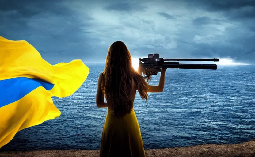 Prompt: perfect shot from behind of a beautiful girl in national blue and yellow dress with beautiful hair holding two guns in both her hands, her hands are down, she is standing on a shore and facing a huge realistic detailed Russian warship on the horizon moving towards her. Ukrainian flag on the left side, concept art, сinematic lighting, insanely detailed, smooth, sharp focus, Artstation, 8k, unreal engine, hyper-realistic, bright background, moonlight, volumetric lighting, octane render, digital illustration by Ruan Jia and Mandy Jurgens and Artgerm and Wayne Barlowe and Greg Rutkowski and Zdislav Beksinski