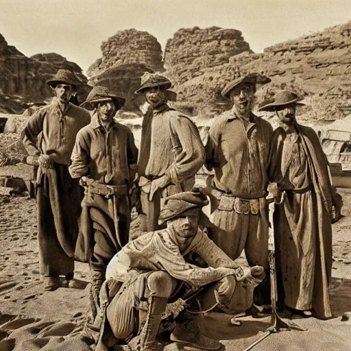 Image similar to ultra detailed photorealistic sepia - toned photo from 1 9 1 7, clean - shaven british soldiers standing with bedouin traders in traditional arab garb, at an archaeological dig site in wadi rum, ultra realistic, painted, intricate details, lovecraft, atmospheric, dark, horror, brooding, highly detailed, by clyde caldwell