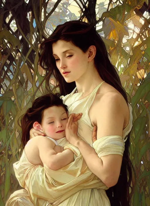 Prompt: a mother cradling her baby, beautiful painting by artgerm and greg rutkowski and alphonse mucha
