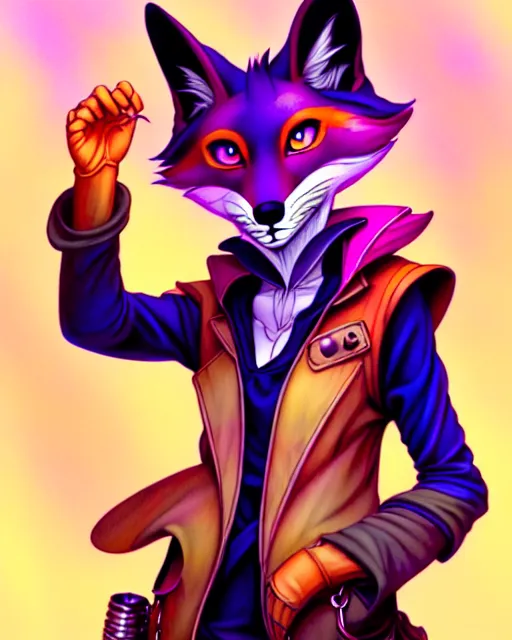 Image similar to don bluth, loish, artgerm, steampunk, clockpunk anthropomorphic fox girl, purple vest, smiling, symmetrical eyes symmetrical face, colorful animation forest background