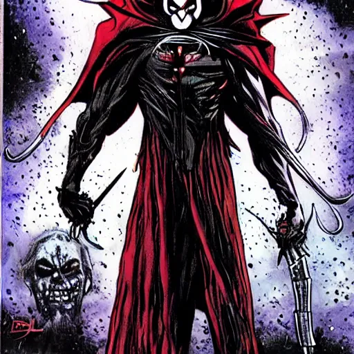 Prompt: David Tennant as spawn, full view, centered, concept art, illustration by  John Romita Jr.