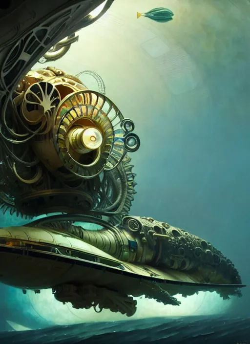 Image similar to epic concept illustration, highly detailed, intricate mechanical design, hard science concept art, underwater nautilus submarine being prepared for launch, by greg rutkowski and alphonse mucha. uhd, cinematic lighting, amazing depth, cinematography by 2 0 1 7