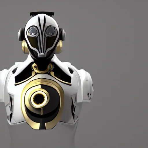 Image similar to centered robot helm black white and gold, anthem, warframe, octane render