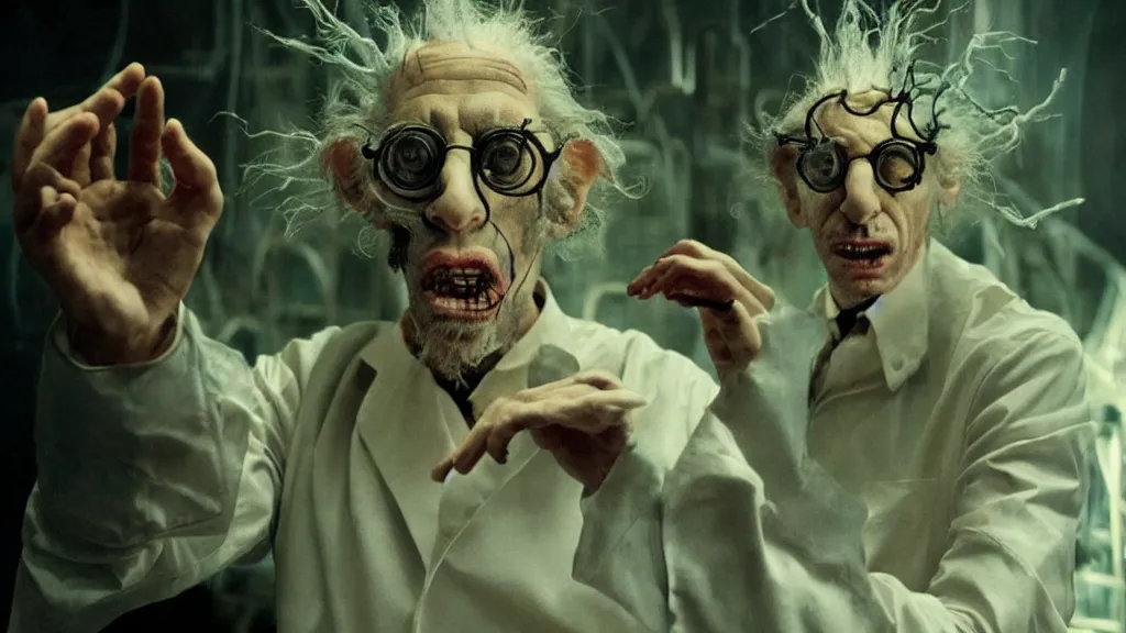 Image similar to a mad scientist creates a creature, film still from the movie directed by denis villeneuve and david cronenberg with art direction by salvador dali and karol bak, wide lens