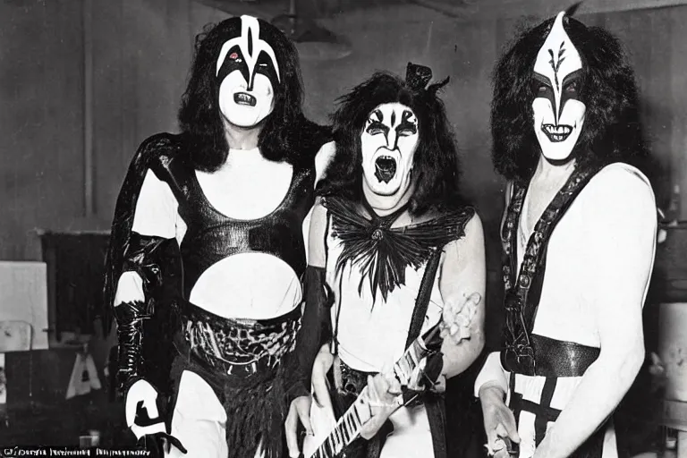 Image similar to 1 9 3 0 s photograph of paul stanley and gene simmons wearing terrifying handmade halloween costumes