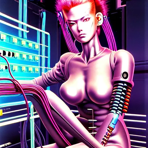 Image similar to a detailed airbrush cyberpunk illustration of a female android seated on the floor in a tech labor, seen from the side with her body open showing cables and wires coming out, by masamune shirow, hajime sorayama, boris vallejo and katsuhiro otomo, japan, 1980s, dark, colorful