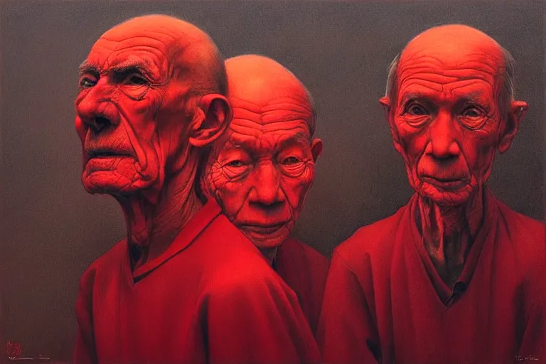 Image similar to only with red, a red old man try to sell a portrait, in a square, crowd cheering, in the style of beksinski, parts by edward hopper, parts by rodcenko, parts by yue minjun, intricate and epic composition, red by caravaggio, insanely quality, highly detailed, masterpiece, red light, artstation, 4 k