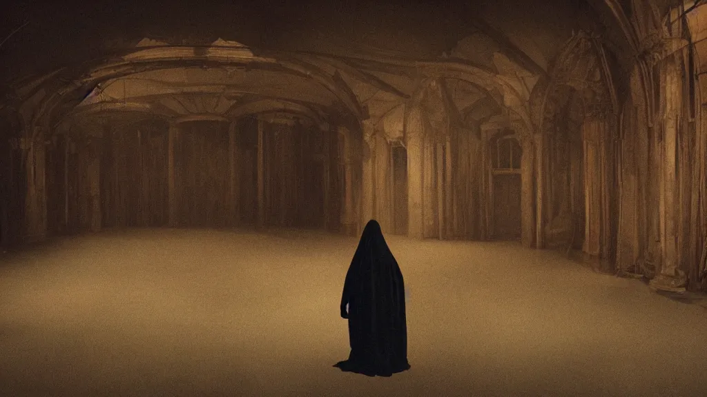 Image similar to a cloaked creature stalks a person through a Victorian theatre , film still from the movie directed by Denis Villeneuve with art direction by Zdzisław Beksiński, medium shot, shallow depth of field,