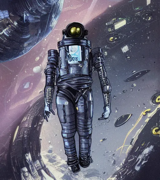 Prompt: realistic cyberpunk engineer with long limbs and a black spacesuit on a spacewalk, techwear, dead space, visible face, Industrial Scifi, detailed illustration, character portrait, by Martin Grip and Moebius