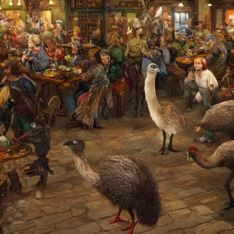 Image similar to an emu in the middle of a crowded halfling tavern