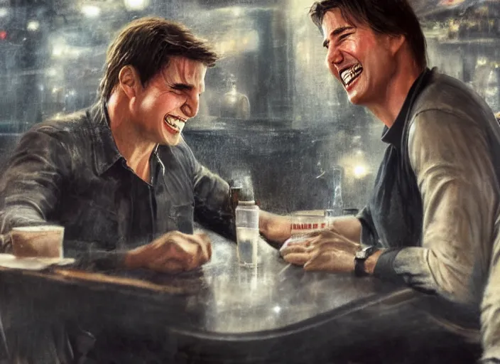 Prompt: hyper realistic tom cruise hanging out with tom cruise at a bar, all overly excited, jaw unhinged with laughter and smiling, all teeth, by greg rutkowski, 4 k, 8 k, masterpiece