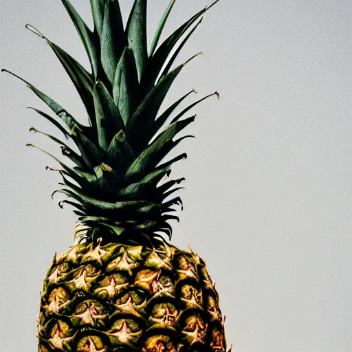 Prompt: photograph, pineapple, person with green eyes, 40mm