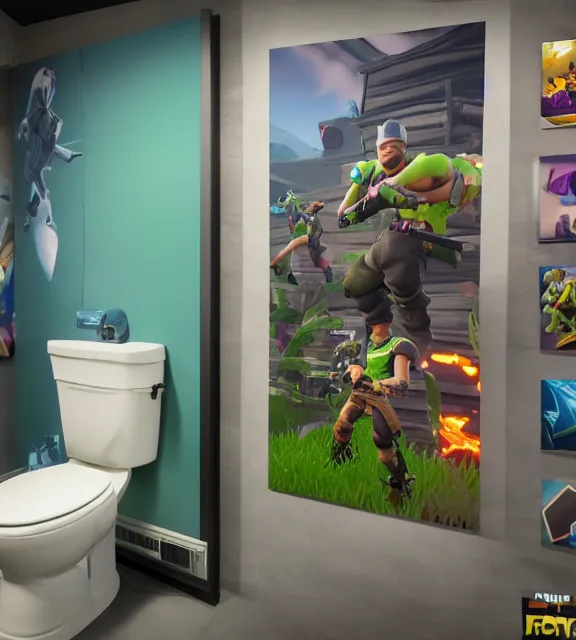 Prompt: a 4 k photorealistic photo of a fortnite themed toilet.