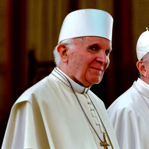 Prompt: pope john paul ii and pope benedict xvi standing next to each other wearing high skull cap, clergy. high definition photo, depth of field