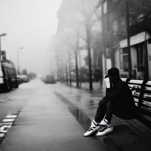 Image similar to black and white fashion photograph, highly detailed portrait of a depressed white drug dealer sitting on a bench on a busy street, looking into camera, natural light, rain, mist, lomo, fashion photography, film grain, soft vignette, sigma 85mm f/1.4 1/10 sec shutter