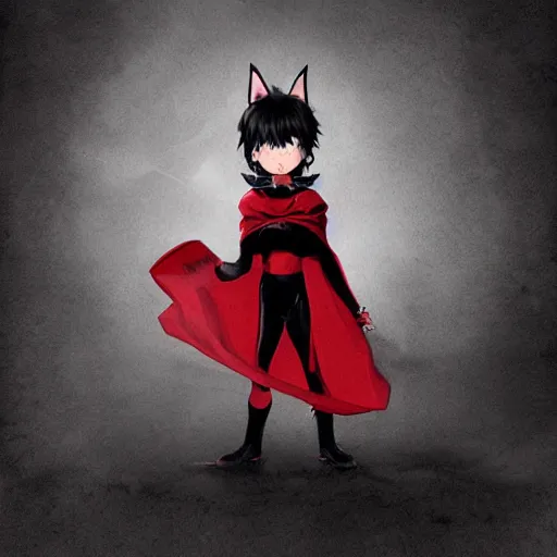 Image similar to little boy with cat ears in an black latex suit with red cape. digital artwork made by lois van baarle and kentaro miura, sharpness focus, anatomically correct