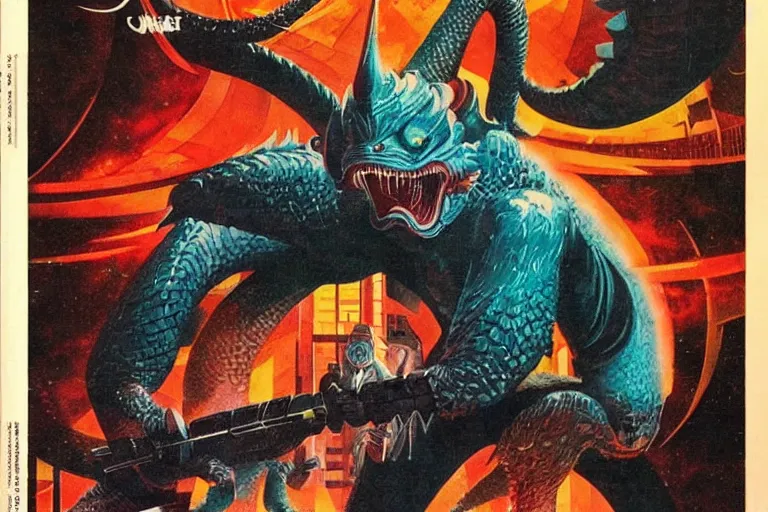 Image similar to 1979 OMNI Magazine Cover of a dragonborn in neo-tokyo style by Vincent Di Fate. DND character art