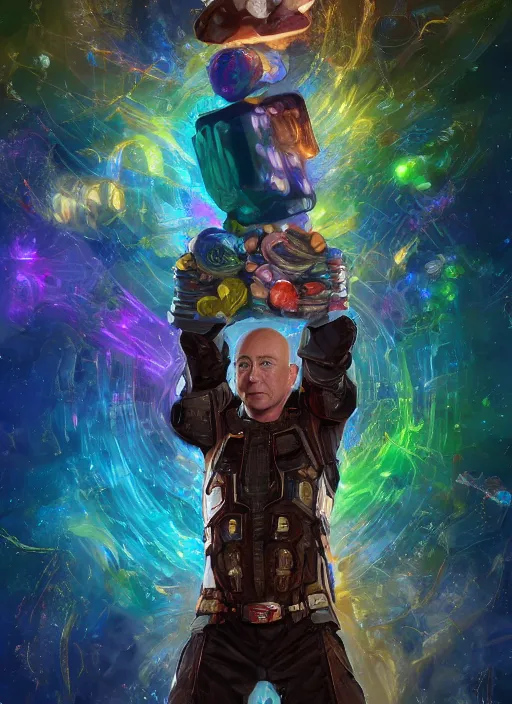 Image similar to jeff bezos collecting the infinity stones, au naturel, hyper detailed, digital art, trending in artstation, cinematic lighting, studio quality, smooth render, unreal engine 5 rendered, octane rendered, art style by klimt and nixeu and ian sprigger and wlop and krenz cushart.