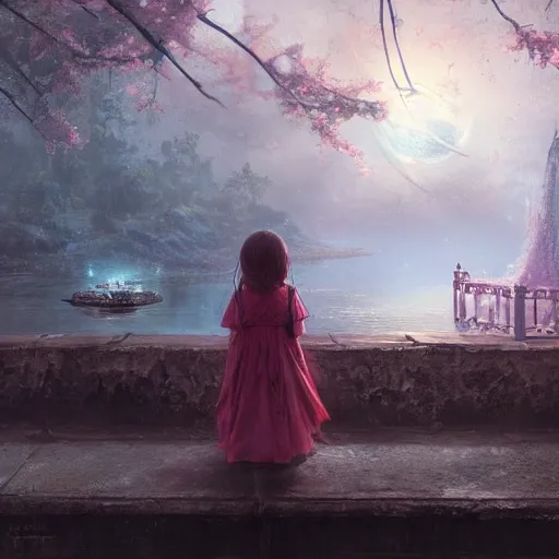 Image similar to a cute little girl waiting on the bridge of heaven and watching the hell, magical world, by greg rutkowski, sung choi, photo realistic, 8 k, cinematic lighting, hd, atmospheric, hyperdetailed, trending on artstation, devainart, digital painting, glow effect