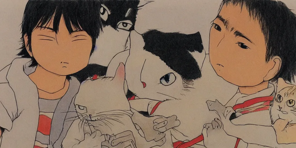 Prompt: drawn by hayao miyazaki, sri lankan kid with cat, looking at camera, closeup