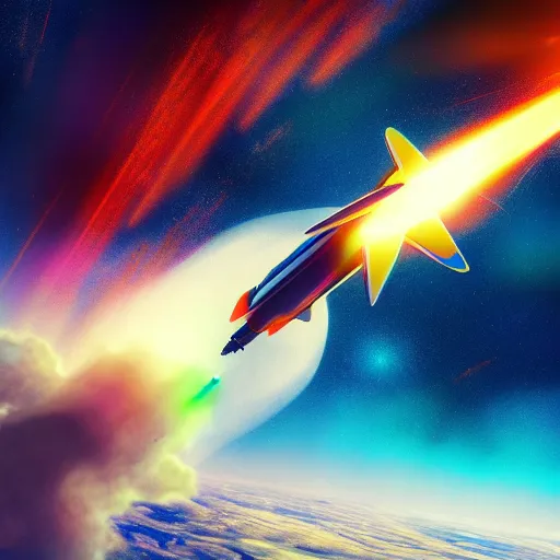 Prompt: Rocket flying in space, colorful, 4k, trending on artstation, cinematic