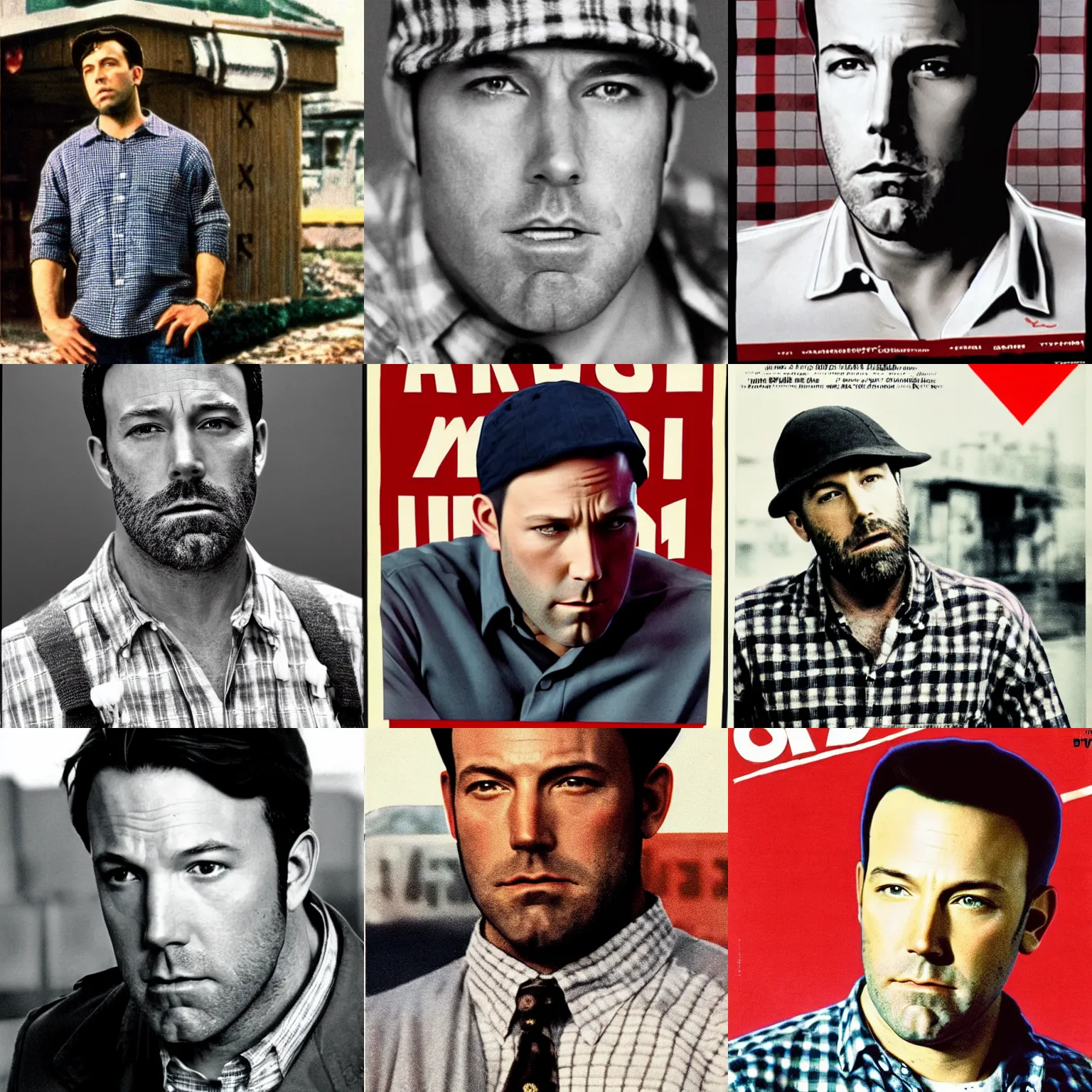 Image similar to sad ben affleck wearing checkered shirt and white cap, soviet movie poster