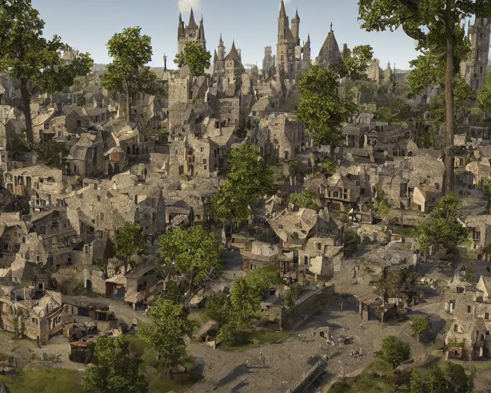 Image similar to medieval fae city, built into trees and stone, street view, unreal engine, hyperrealism