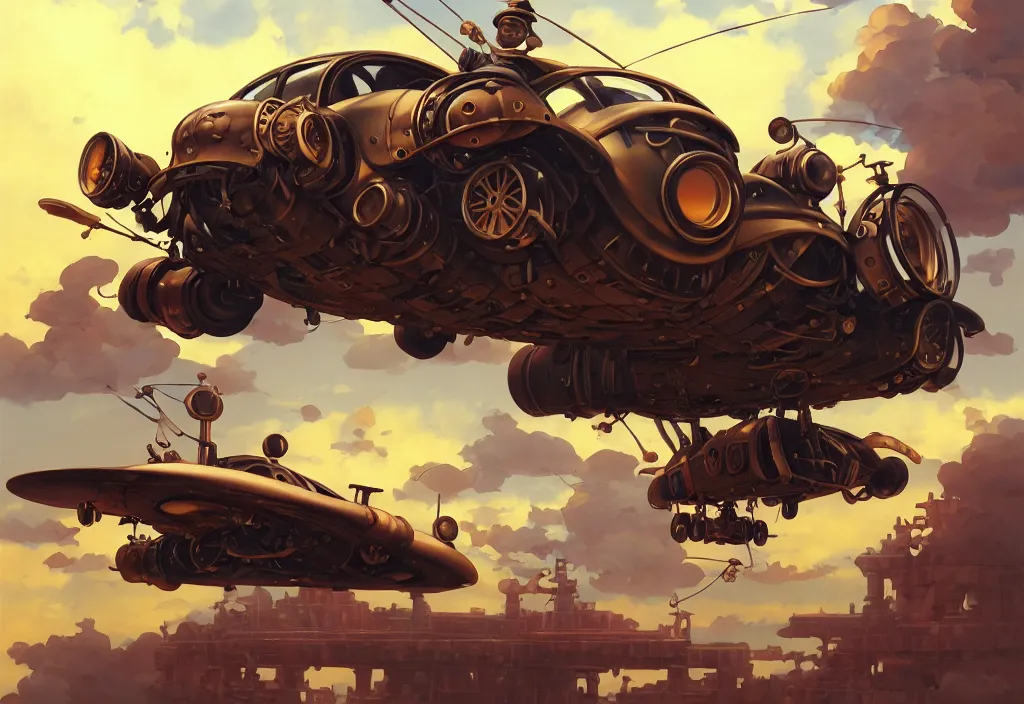 Prompt: chubby steampunk flying cars, intricate oil painting, high detail illustration, sharp high detail, manga and anime 1 9 9 9, official fanart behance hd artstation by jesper ejsing and makoto shinkai, 4 k,