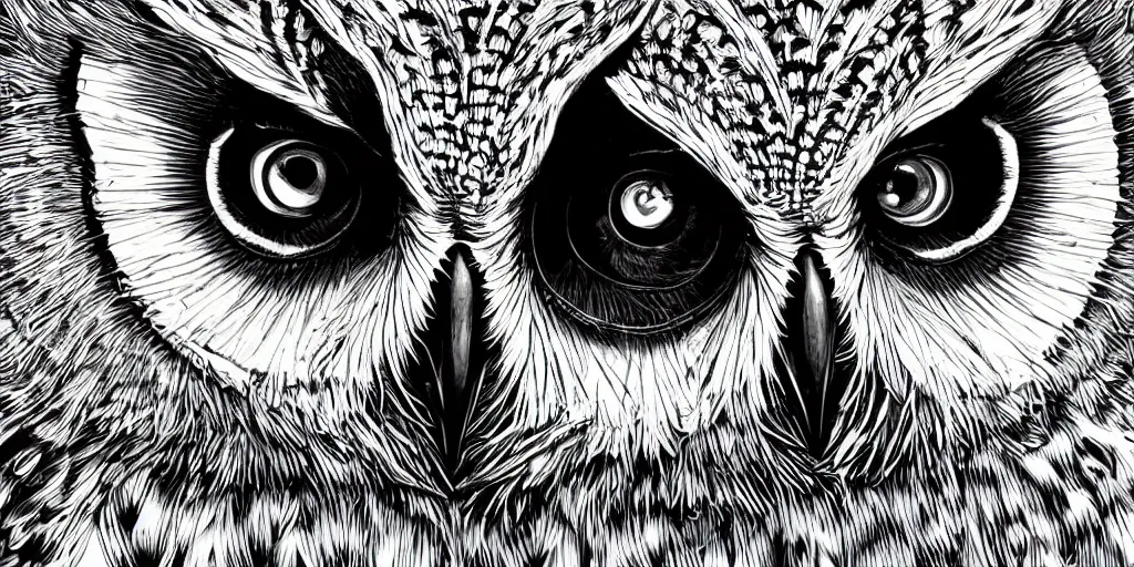 Image similar to black and white illustration head of a owl, super detailed, by dan mumford, by adams ansel, high contrast, monochromatic