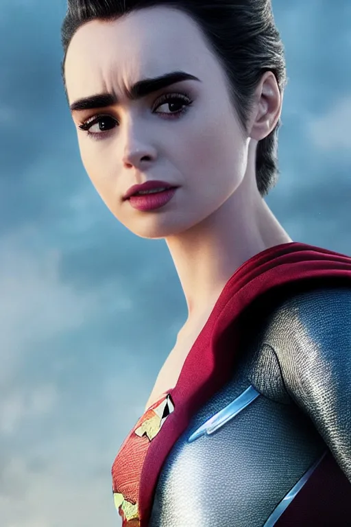 Prompt: a fancy close up of Man of Steel cast as Lily Collins by Greg Rutkowski, Sung Choi, Mitchell Mohrhauser, Maciej Kuciara, Johnson Ting, Maxim Verehin, Peter Konig, 8k photorealistic, cinematic lighting, HD, high details, dramatic, trending on artstation, full body shot