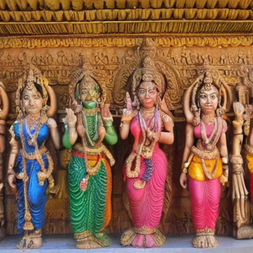 Image similar to hindu gods and goddesses posing together, carved in a temple