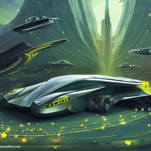 Image similar to solarpunk hovercar, clean energy, green technology, highway, sunny day, futurism, intricate, engines, glow, highly detailed, drone wings, peaceful, utopia, bright, digital painting, artstation, concept art, smooth, sharp focus, epic landscape, art by akihiko yoshida and tim mcburnie and anato finnstark