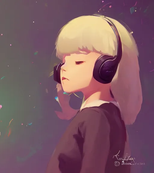 Image similar to beautiful little girl character inspired by 9 0's fashion and by madeline from celeste, art by rossdraws, wlop, ilya kuvshinov, artgem lau, sakimichan and makoto shinkai, concept art, headphones