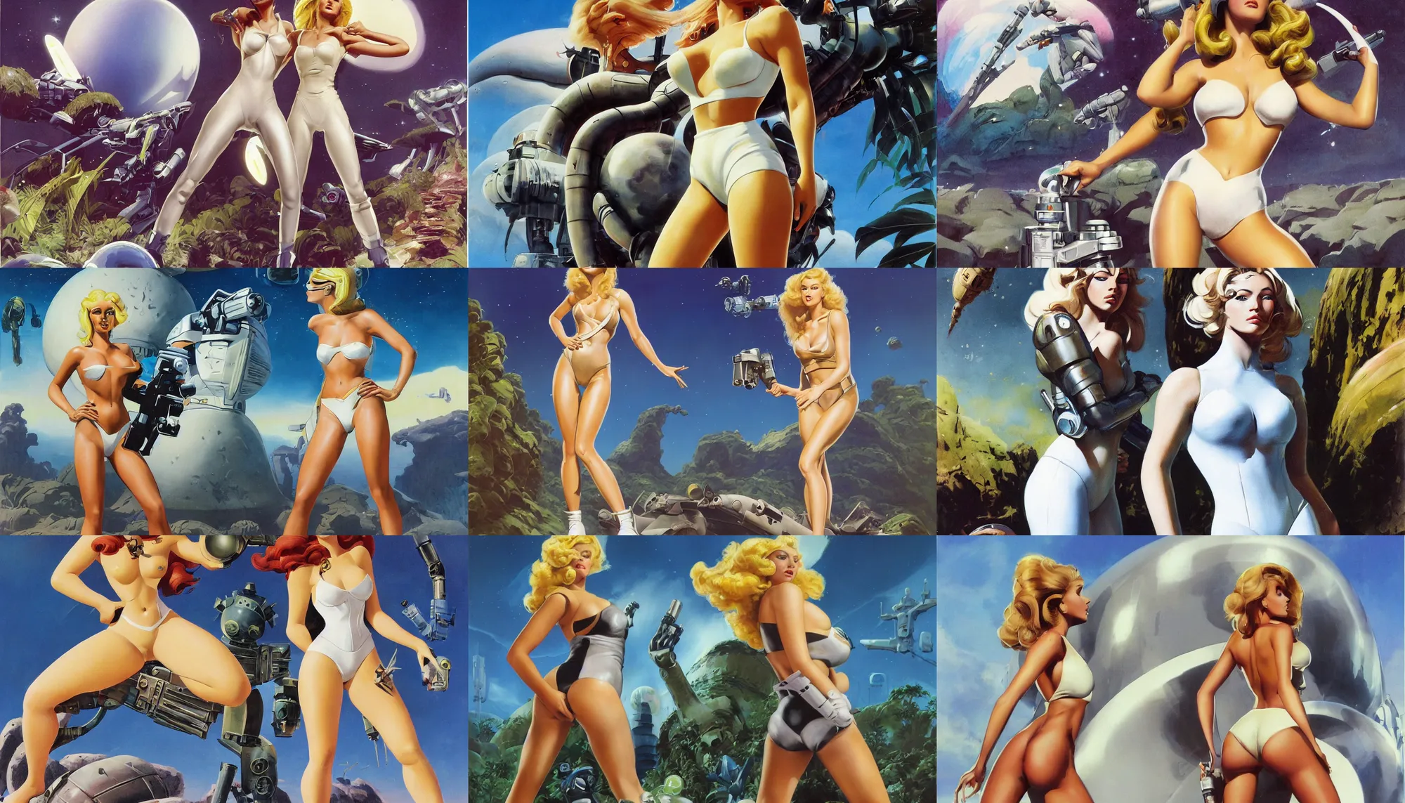 Prompt: A mixed media portrait painting of a beautiful blonde brunette woman exploring a tropical alien planet, very curvy, aesthetic! high-waisted white-bikini-armor and boots, holding a ray-gun, aesthetic symmetrical face and eyes, model, Scandinavian, wet, discarded mechsuit in background, by Frank Frazetta, Boris Vallejo, Beeple, Greg Rutkowski, Christian MacNevin, eighties-pinup style, epic fantasy character art, high fantasy, CGsociety, exquisite detail, post-processing, masterpiece, cinematic