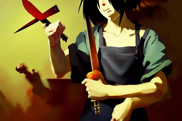 Image similar to baroque oil painting of anime key visual concept art of anime girl serial killer holding bloody kitchen knife, acrylic painting, trending on pixiv fanbox, palette knife and brush strokes, style of makoto shinkai jamie wyeth james gilleard edward hopper greg rutkowski studio ghibli genshin impact