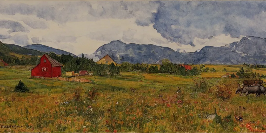 Image similar to dramatic swedish country side, mountains in the background, dramatic lighting, in the style of carl larsson