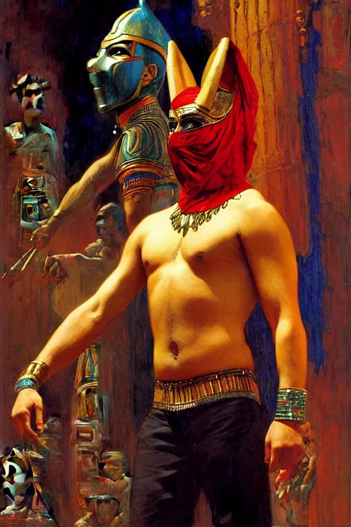 Image similar to magician, wearing mask, character design, ancient egypt, colorful, painting by gaston bussiere, craig mullins, j. c. leyendecker, tom of finland