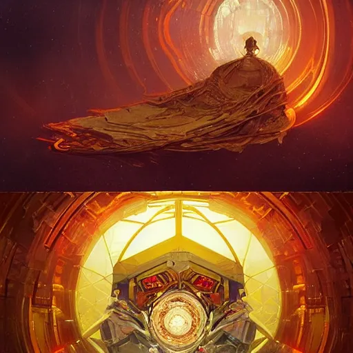 Image similar to hyper realistic golden quantum computer in the shape of a giant cube the size of a city , art by artery and Greg Rutkowski and alphonse mucha, sci-fi, fantasy, intricate, ornate, very very intimidating , highly detailed, digital painting, artstation, concept art, smooth, sharp focus, illustration