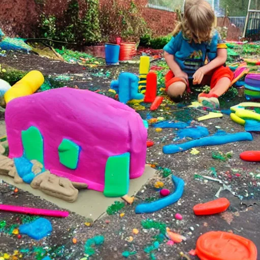 Prompt: A Play-Doh catastrophe, establishing shot, outdoors, carnage everywhere