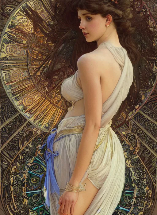 Prompt: realistic detailed painting of a 2 1 - year old girl who resembles ana de armas and millie bobby brown, as an angel with a golden halo wearing intricate art nouveau armor, by alphonse mucha, ayami kojima amano, charlie bowater, karol bak, greg hildebrandt