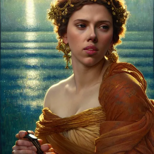 Image similar to highly detailed oil painting | very intricate | cinematic lighting | award - winning | the beautiful scarlett johansson wearing a flowing toga | by godward, by tom bagshaw, by j. c. leyendecker and klimt, beautiful cinematic light, american romanticism, by alphonse mucha, artstation, cgsociety, official art, octane