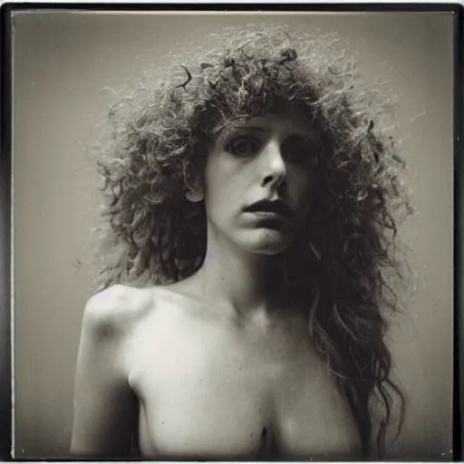 Prompt: polaroid picture, beautiful woman, curly hair, artistic, black and white, eerie, francesca woodman style