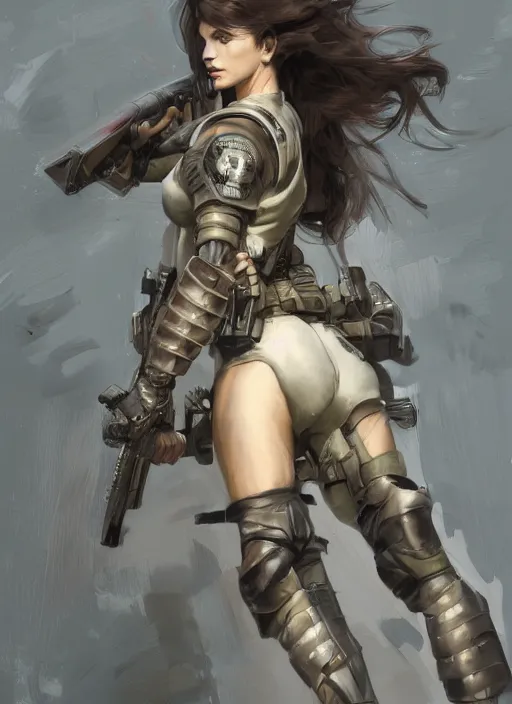 Prompt: a professionally painting of an attractive young female, partially dressed in military armor, olive skin, long dark hair, beautiful bone structure, perfectly proportioned, symmetrical facial features, intricate, elegant, heroic pose, digital painting, concept art, illustration, sketch-like, sharp focus, finely detailed, from Metal Gear, by Ruan Jia and Mandy Jurgens and William-Adolphe Bouguerea