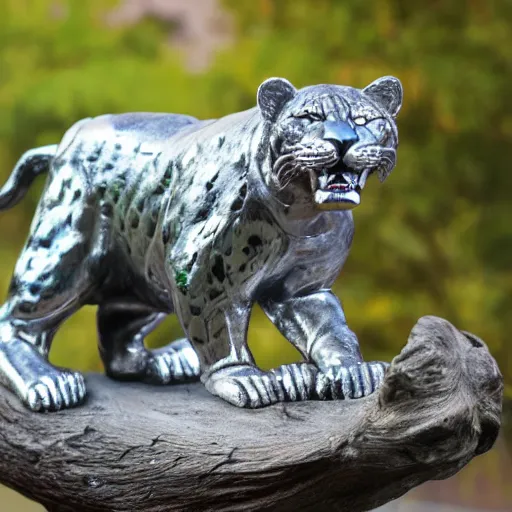 Prompt: silver jaguar sculpture with glowing blue eyes