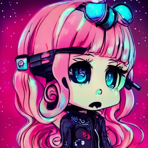 Image similar to pinup pose, portrait of a grungy skull anime and chibi very cute doll by super ss, cyberpunk fashion, nendoroid, kawaii, curly pink hair, night sky, looking up, swirly clouds, neon yellow stars, by wlop, james jean, victo ngai, muted colors, highly detailed