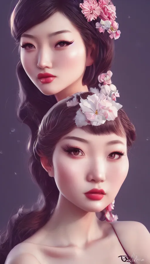 Image similar to a pin up and beautiful fashion and charming and dreamlke asian girl, lv jewelry, art by artgerm & jeehyung lee & wlop, hyperdetailed, 8 k realistic, symmetrical, frostbite 3 engine, cryengine, dof, trending on artstation, digital art