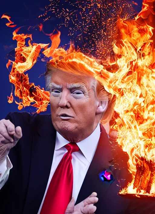 Image similar to a beautiful photo of donald trump burning his own money, intricate details, photography, volumetric light, 8 k