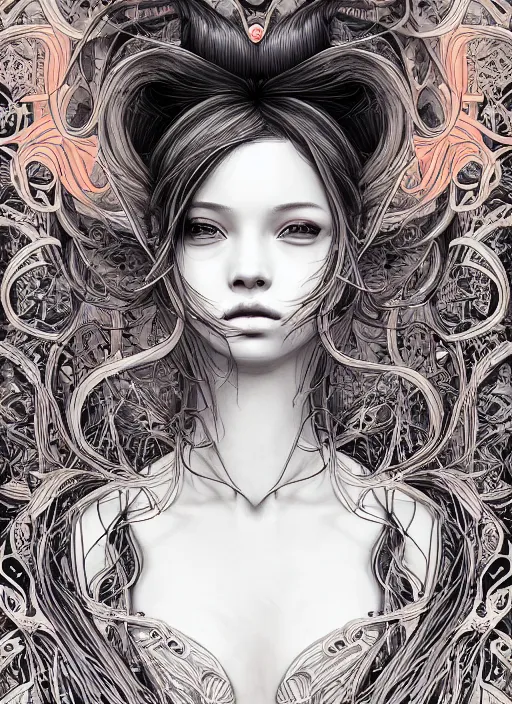 Image similar to the portrait of an unbelievably beautiful, elegant, sensual, and sophisticated young woman, an ultrafine detailed illustration by james jean, intricate linework, bright colors, final fantasy, behance contest winner, vanitas, angular, altermodern, unreal engine 5 highly rendered, ethereal, ominous, detailed and intricate environment