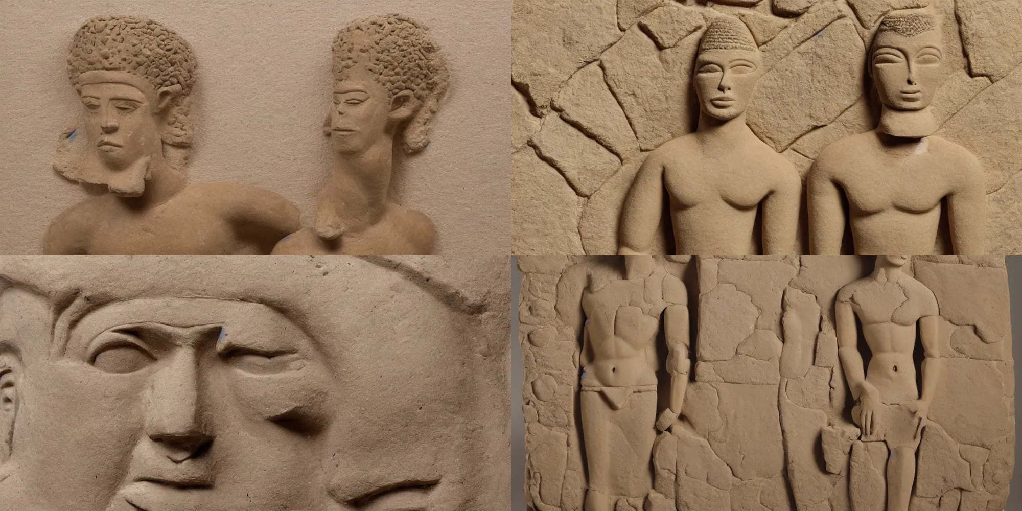 Prompt: ken doll, stonework, illustration, art in the style of Mesopotamia 3000 to 4000 BCE